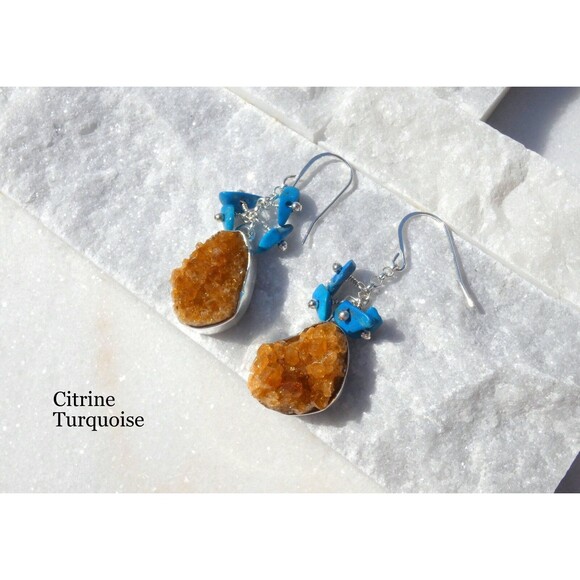 Bright Orange Citrine - Blue Arizona Turquoise Sterling Silver Earrings - Picture 1 of 9